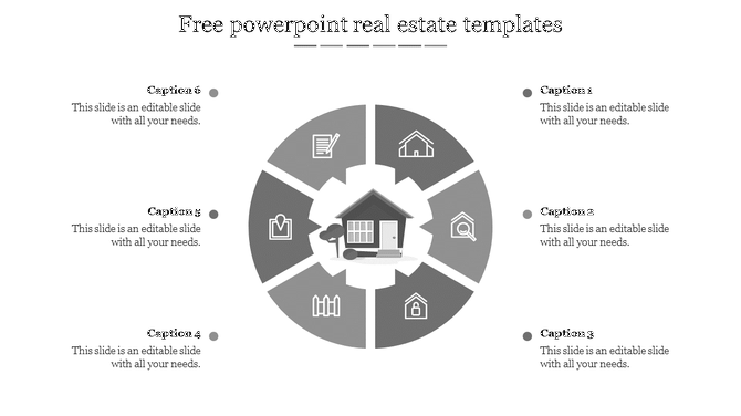 Circular infographic with six real estate icons around a central house graphic, including map, lock, home, and fence symbols.