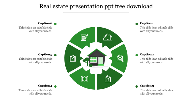 Circular infographic with six segments, each containing icons related to real estate, surrounding a house in the center.