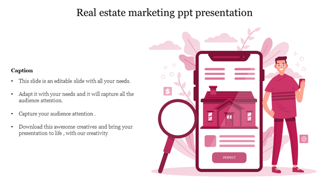 Real estate marketing concept with a phone screen showing a home listing and a magnifying glass in a PowerPoint slide.
