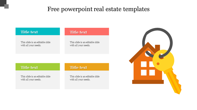 Real estate layout with four colorful text boxes and a graphic of an orange house with a golden key on a white background.