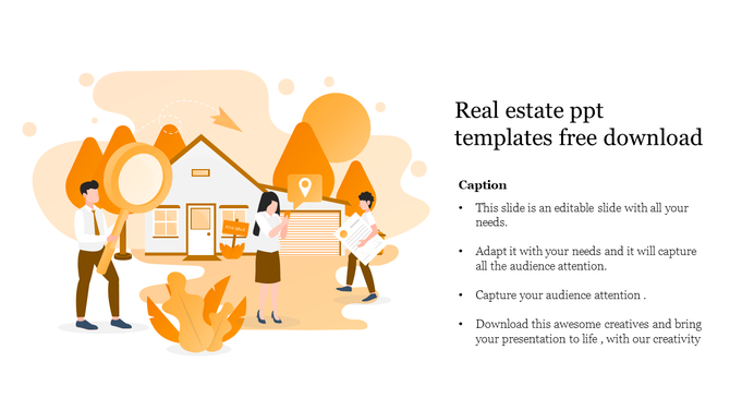 Real estate-themed template showing a house for sale, with icons of a magnifying glass, location pin, and documents. 