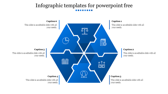 Blue hexagon infographic divided into six segments with white icons and matching captions arranged around the shape.