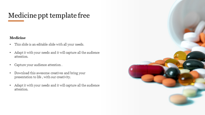 A spilled bottle of assorted pills with text on the left against a white background in a medicine presentation.