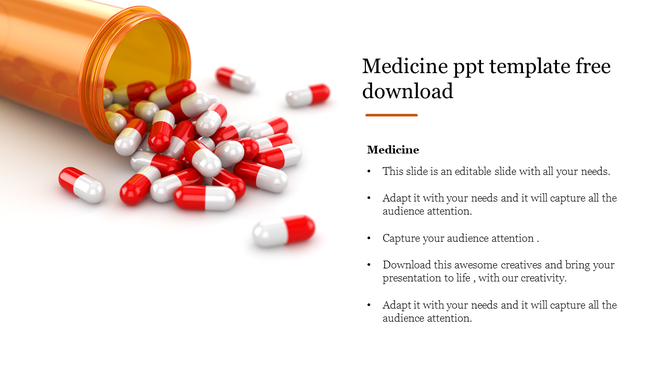 Orange pill bottle tipped over with red and white capsules spilling out, with placeholder text area on the right.