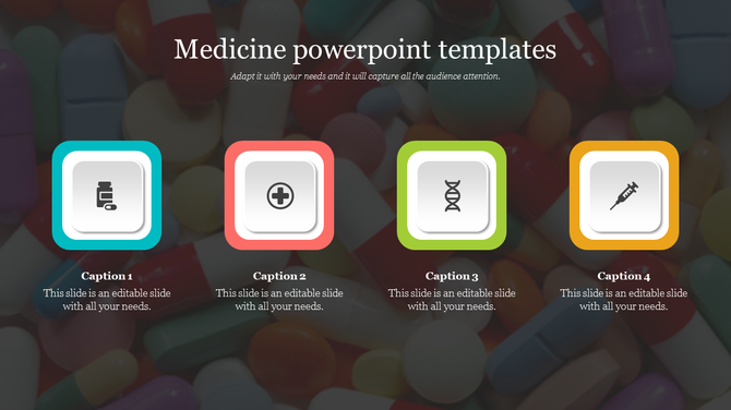 Medicine themed infographic with four colorful square icons in teal, red, green, and yellow over a blurred pill background.