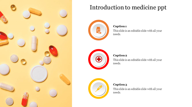 Scattered pills on a yellow background, with three icons representing different aspects of medicine to the right.