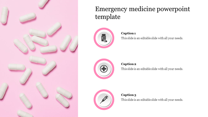 Emergency medicine PPT slide with icons for medicine, cross, and syringe alongside white capsules on a pink background.