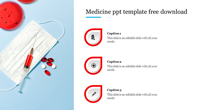 Medical PowerPoint template featuring a syringe, pills, and a mask on a blue background with text sections and icons.