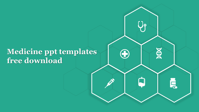 Hexagonal medical layout displaying icons like a stethoscope, cross, DNA strand, and syringe on a teal background.