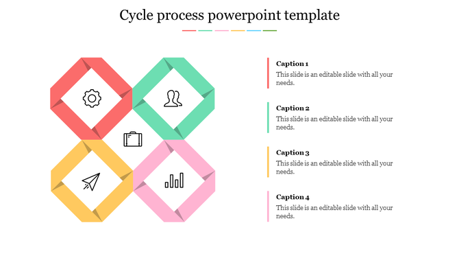 Colorful cycle process PowerPoint template with five interconnected diamond shapes and icons with captions.