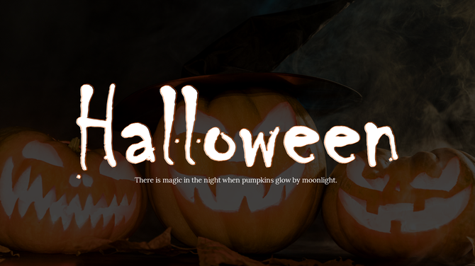 A spooky Halloween slide showcasing glowing pumpkins with a witch's hat, with the text and a quote about moonlit pumpkins.