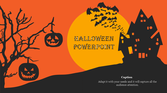 Halloween themed design with a haunted house, full yellow moon, bats, and spooky pumpkins on a dark orange background.