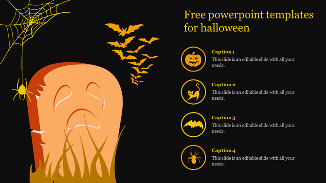 Spooky Halloween PowerPoint template with a gravestone, spider web, flying bats, and eerie golden icons with captions.