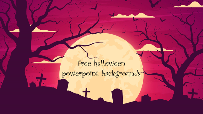 Halloween illustration with a haunted graveyard, leafless trees, a massive moon, and bats soaring in a red-tinted night.