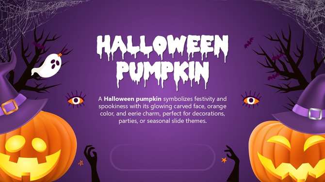 Halloween Pumpkin with glowing face, witch hats, ghost, bats, webs, spooky trees, and editable text on purple slide.