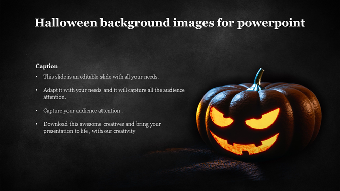 Dark Halloween themed slide with a glowing jack-o'-lantern on the right and text content on a black textured background.