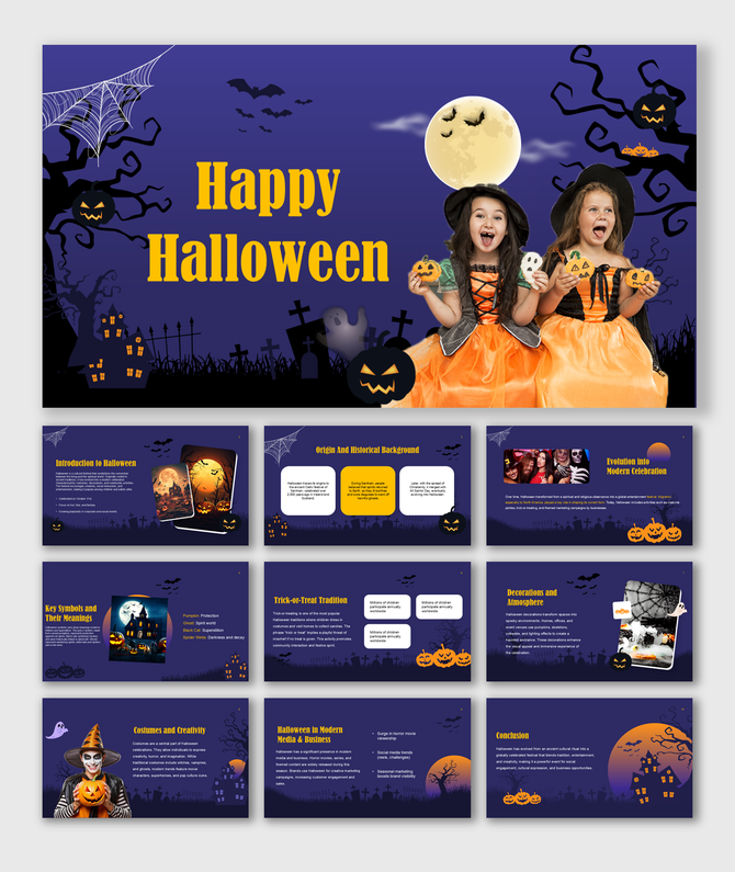Happy Halloween PPT featuring traditions, symbols, costumes, celebrations, and modern cultural significance.