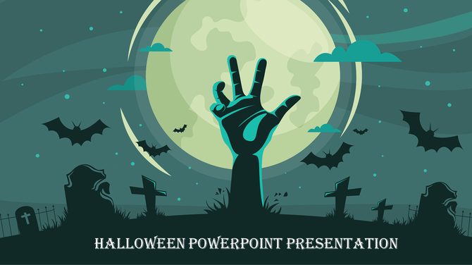 Halloween illustration of a zombie hand emerging from a graveyard, with a full moon, bats, and eerie green atmosphere. 