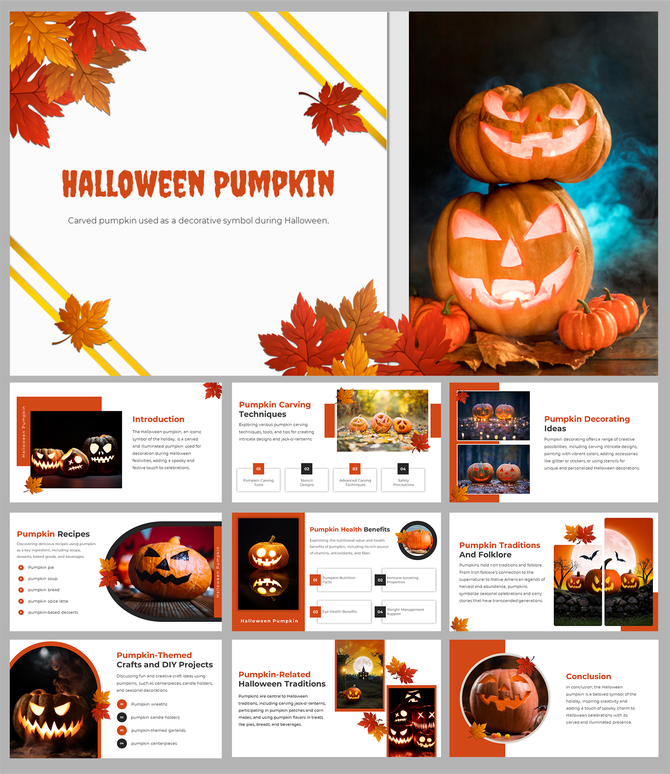 Slide deck with an orange and white theme, featuring carved pumpkins, fall leaves, and sections on halloween traditions.
