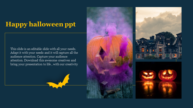 Halloween themed slide with a glowing jack-o'-lantern emitting purple smoke, eerie mansion, and two lit pumpkins at night. 