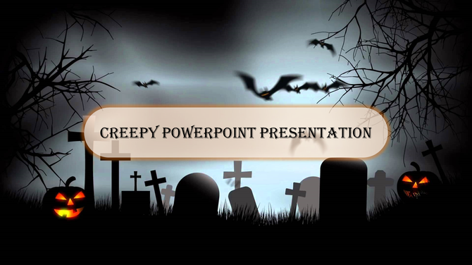 Dark graveyard scene with tombstones, bare tree branches, bats, and glowing jack-o'-lanterns, featuring a creepy banner.