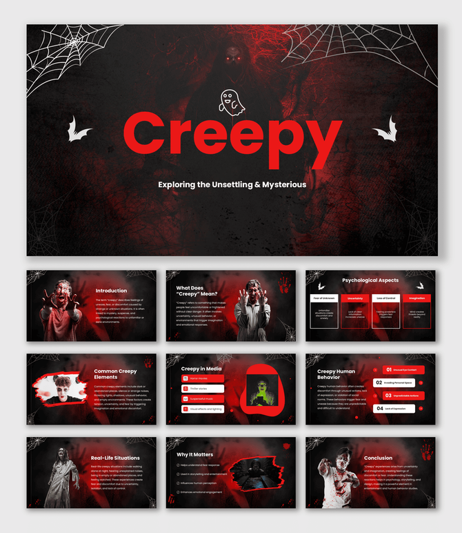 Creepy PowerPoint Design with horror figure image, red black grunge background, bats and cobweb shapes.