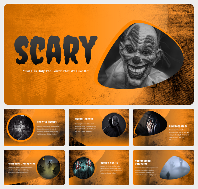 Horror slide layout with scary clown and sections on various horror topics, including haunted houses and urban legends.