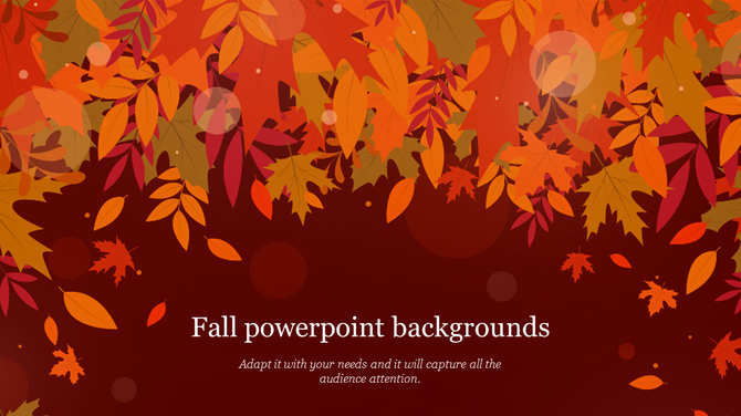 Fall themed PowerPoint background with vibrant autumn leaves cascading from the top against a dark red backdrop.