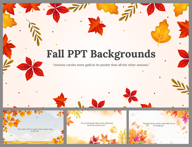 A collection of fall themed background slides featuring colorful autumn leaves, warm hues, and inspirational quotes.