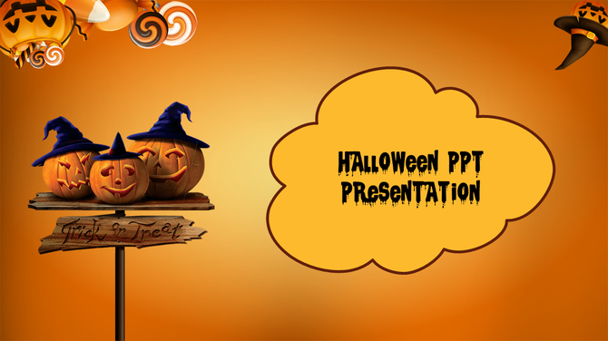 Halloween PowerPoint slide featuring jack o lanterns with witch hats on a trick or treat sign against an orange background.