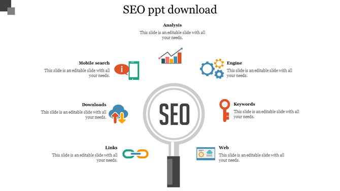 Slide featuring various SEO elements with color coded icons and placeholder text.