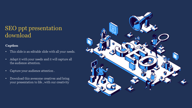 SEO concept slide with an isometric digital workspace, featuring a megaphone, analytics icons, and professionals working. 