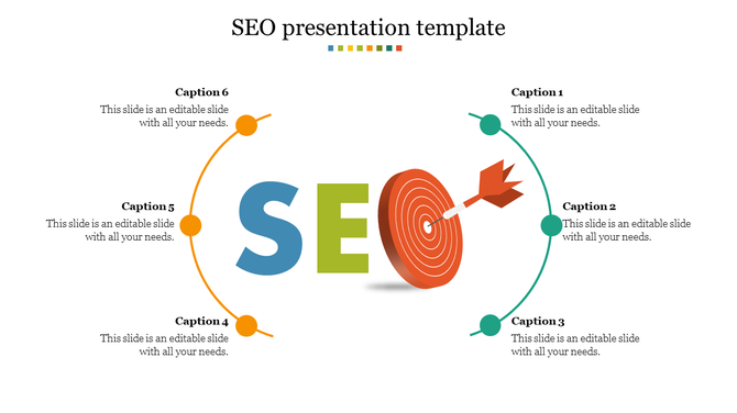 SEO presentation template with arrows and SEO target icon, including caption areas.