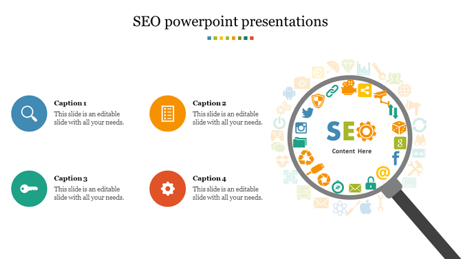 SEO PowerPoint slide with a magnifying glass highlighting digital marketing icons and four captioned sections.