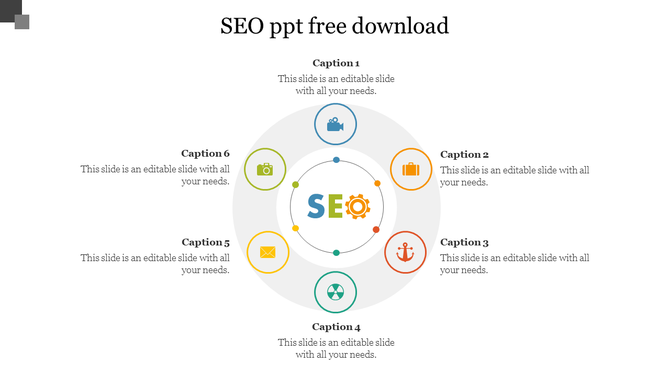 SEO PowerPoint slide with a circular infographic, six captions, and icons representing different digital marketing concepts.