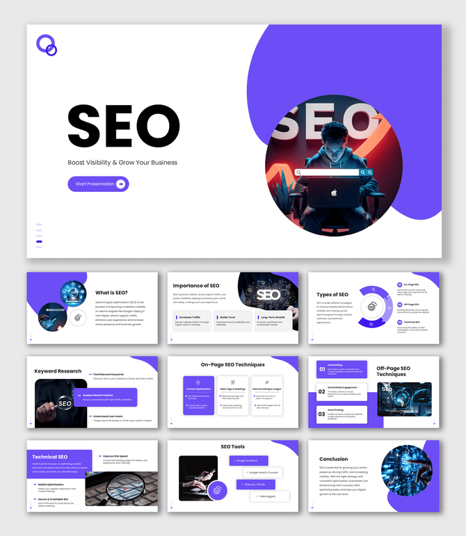 SEO PPT Templates Download with purple theme, SEO laptop image, circle shapes, icons and modern marketing slides