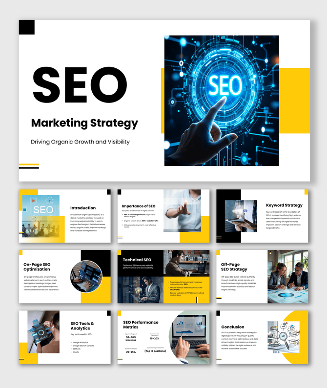 SEO marketing strategy PPT with keyword planning, on-page, technical SEO, analytics, and growth metrics.  Select 78 more word