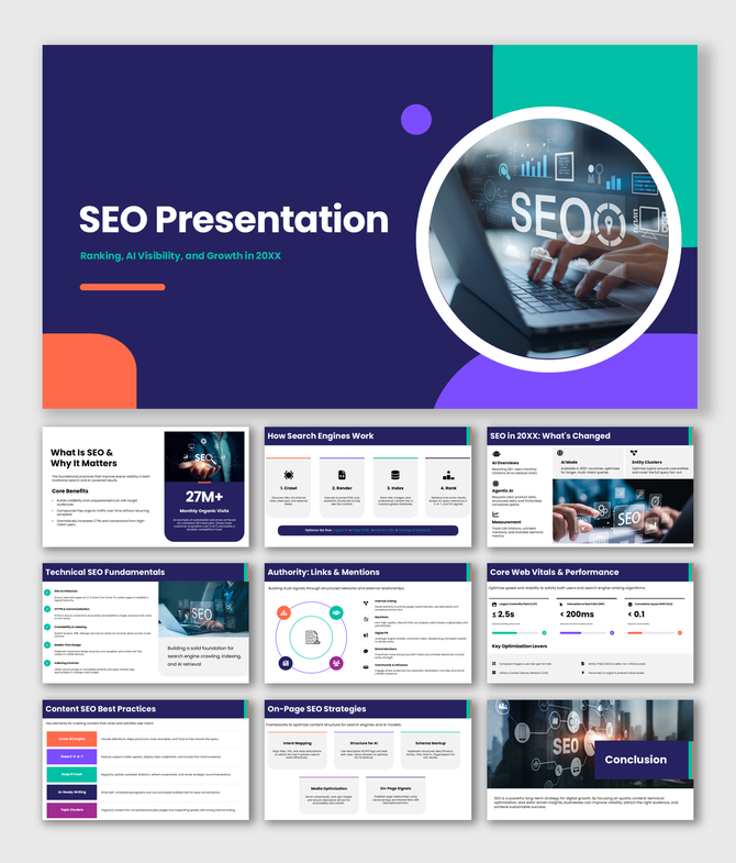 SEO presentation slides covering search engine basics, technical SEO, content strategy, and performance optimization.