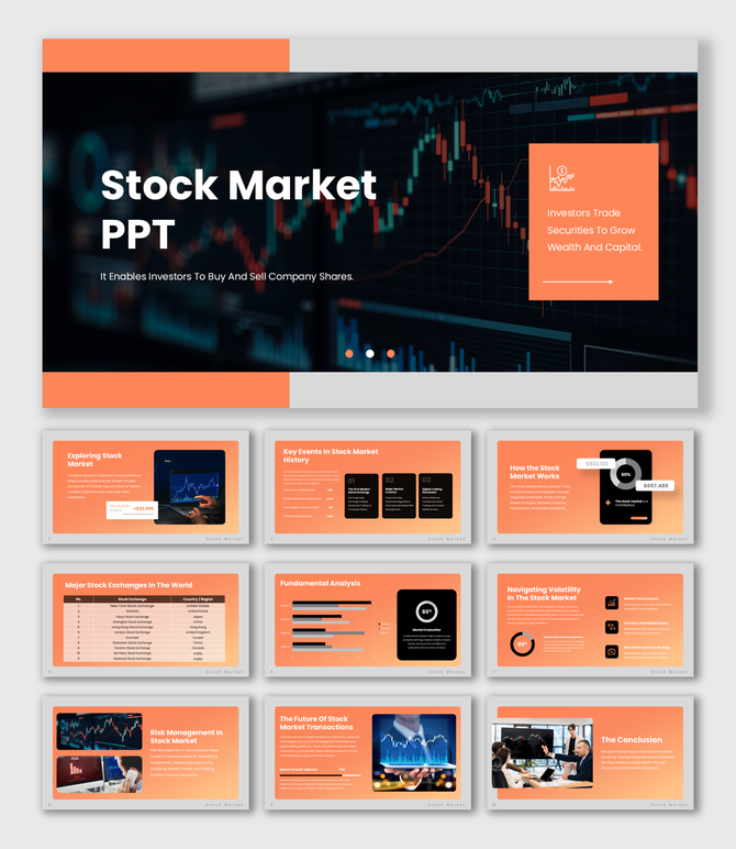 The Stock Market PPT template with multicolor theme, trading charts, data graphs, and financial analysis layouts.