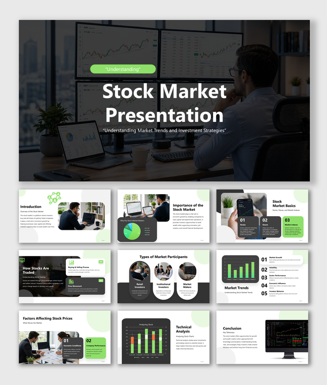 Stock market presentation covering trends, trading, investors, analysis, and strategies for smartly investment decisions.