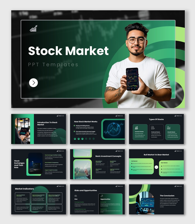 The stock market presentation with trading dashboard, stock graphs, bull vs bear trends, and analysis insights.