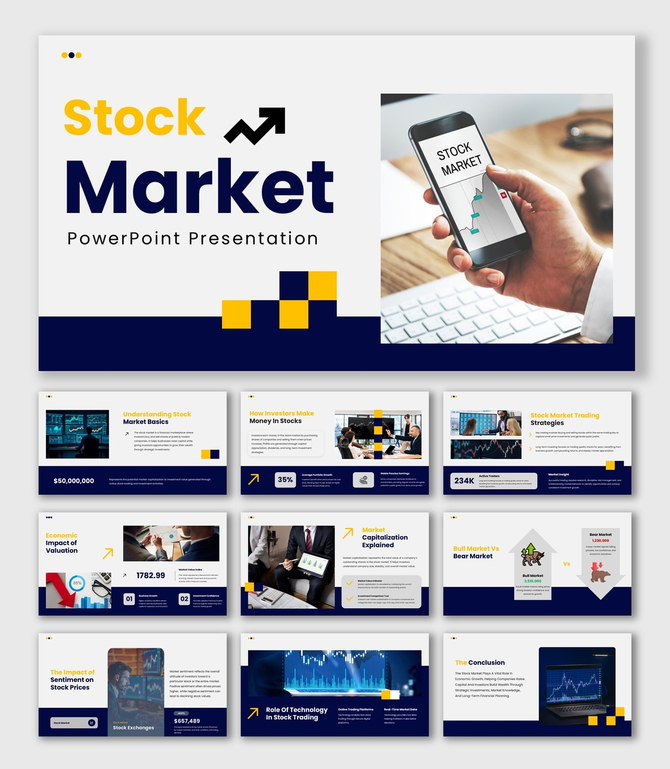 Stock Market PowerPoint slides with blue yellow theme, trading charts, stock graphs, and financial analysis layouts.