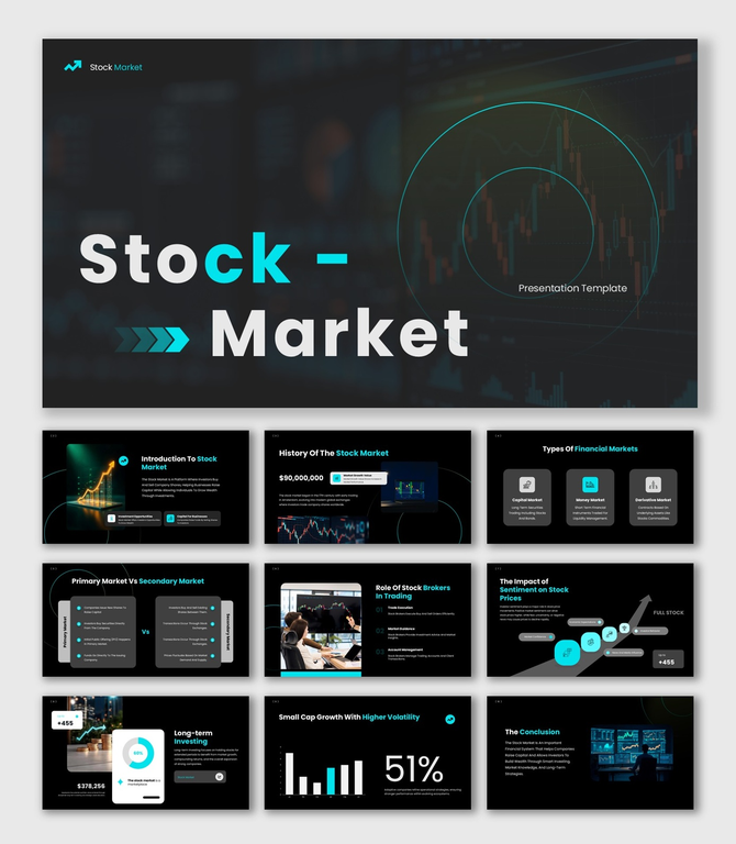 Stock market slide featuring dynamic bar and line graphs in a futuristic design, with space for text.