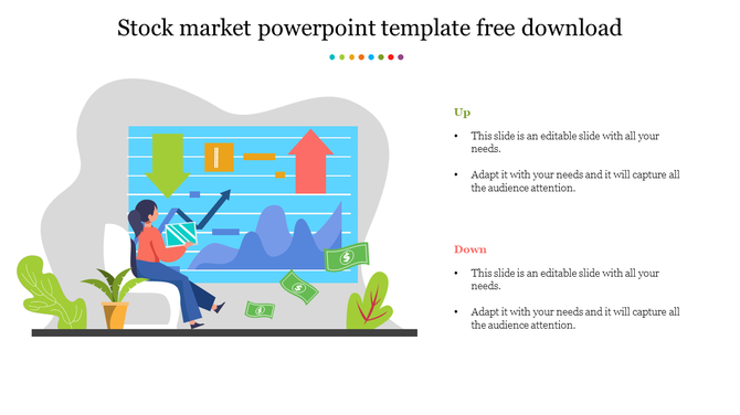 Stock market slide featuring a chart with upward and downward arrows and a woman analyzing data with a tablet.