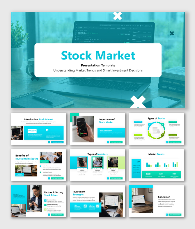 Stock market presentation template explaining trends, investors, stocks, and strategies for smarter financial decisions.