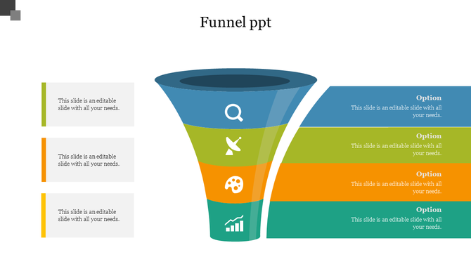 Infographic funnel with four colorful segments and icons, each aligned with horizontal text boxes labeled Option.