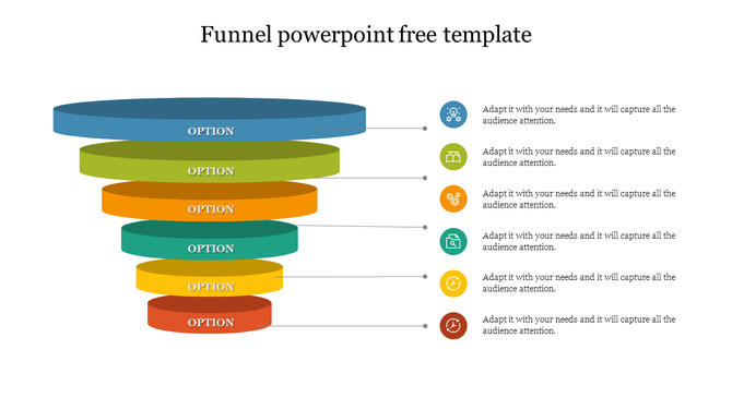 Funnel diagram with stacked 3D segments in blue, green, orange, teal, yellow, and red, aligned with icons and captions.