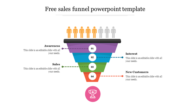 Colorful sales funnel PowerPoint template illustrating customer journey from awareness to new customers with icons.
