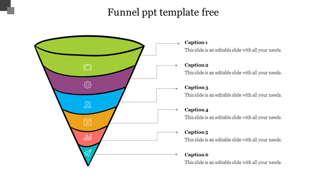 Vertical funnel graphic with six labeled layers in green, purple, blue, orange, red, and teal, each with icons and captions.