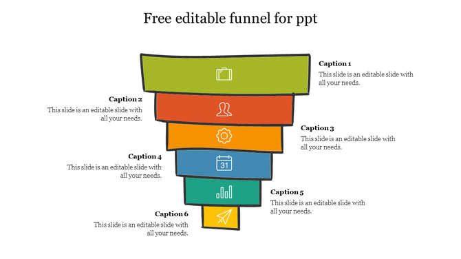 A multi-colored funnel diagram with six stacked sections, each with icons and corresponding captions on either side.